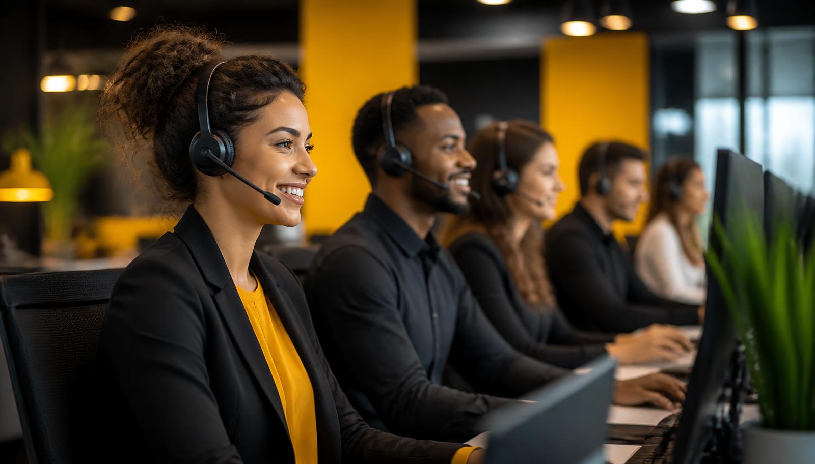 Western Union support staff wearing headsets talking with customers on calls